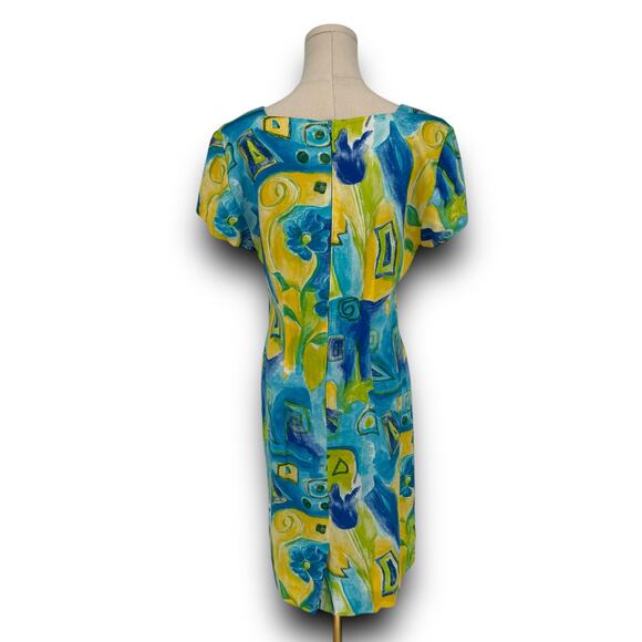 90s Vintage Jessica Howard Blue Yellow Abstract Floral Print Dress 8 Made in USA - Picture 1 of 7